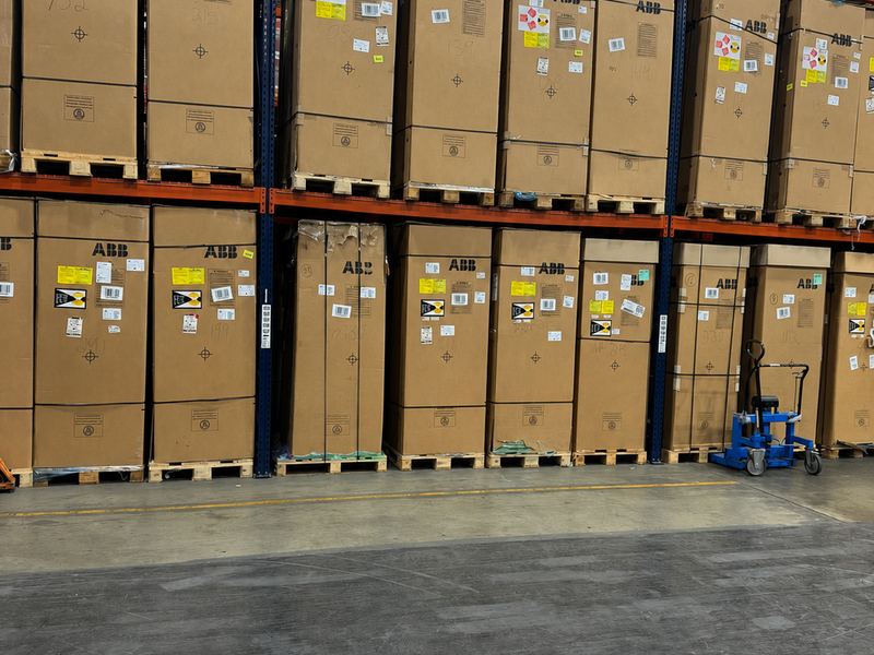 ABB Terra 184 charger crates racked in warehouse
